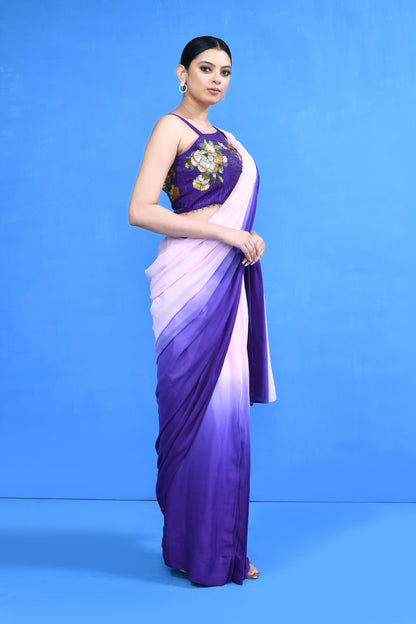Designer Wear Purple and Pink Chinon Chiffon Drape Saree
