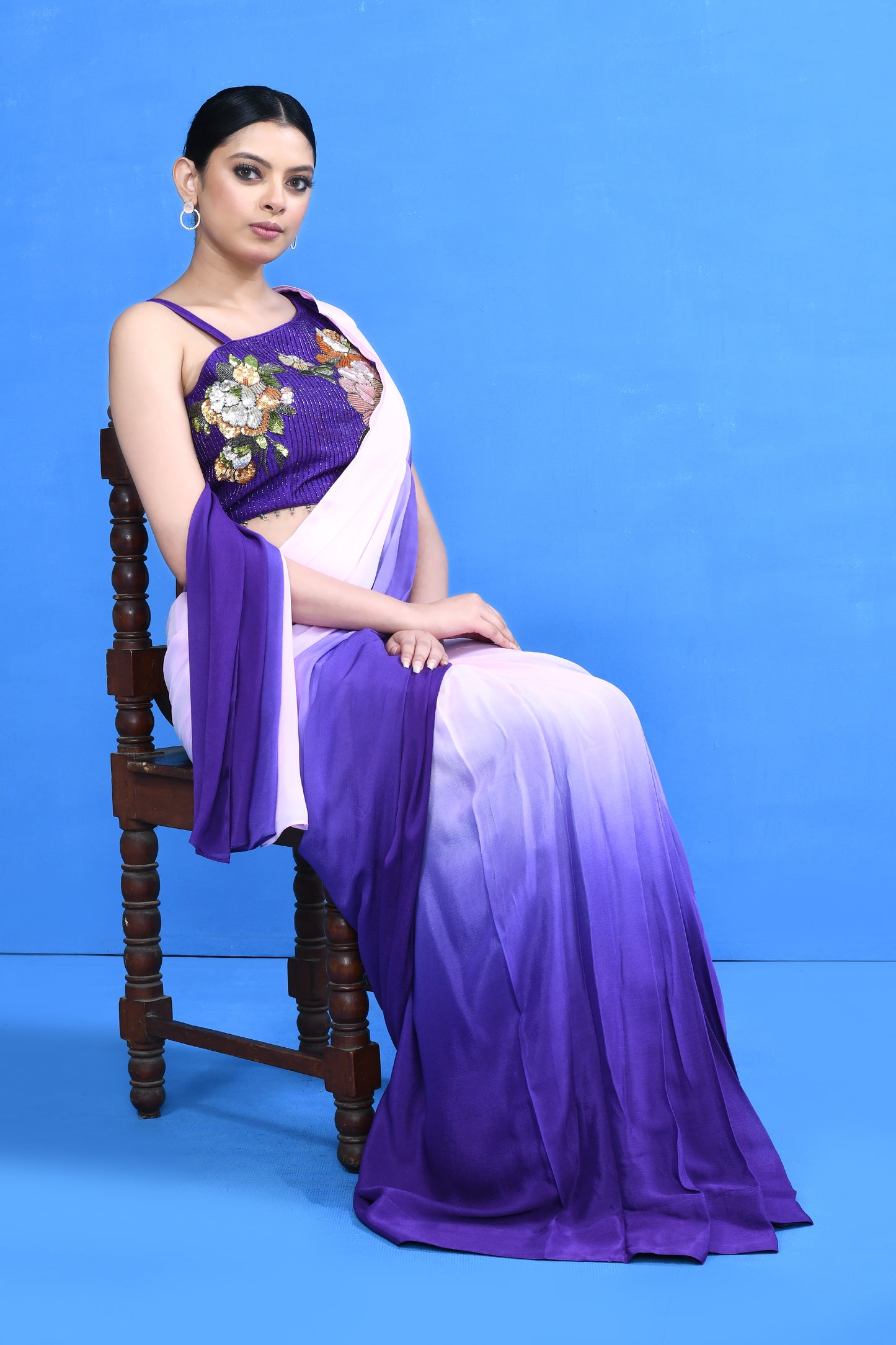 Designer Wear Purple and Pink Chinon Chiffon Drape Saree