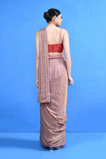 Designer Wear Peach-Gold Diamond Silk Drape Saree