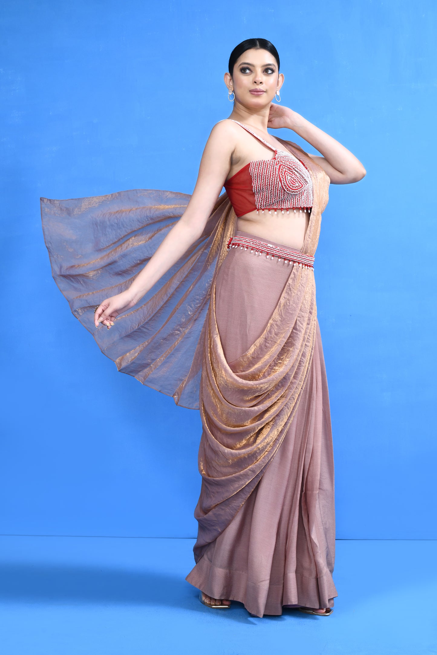 Designer Wear Peach-Gold Diamond Silk Drape Saree