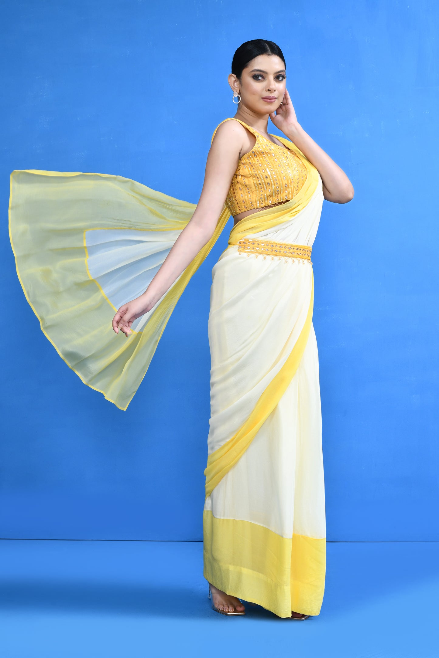 Designer Wear White & Yellow Chinon Chiffon Drape Saree