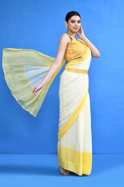 Designer Wear White & Yellow Chinon Chiffon Drape Saree