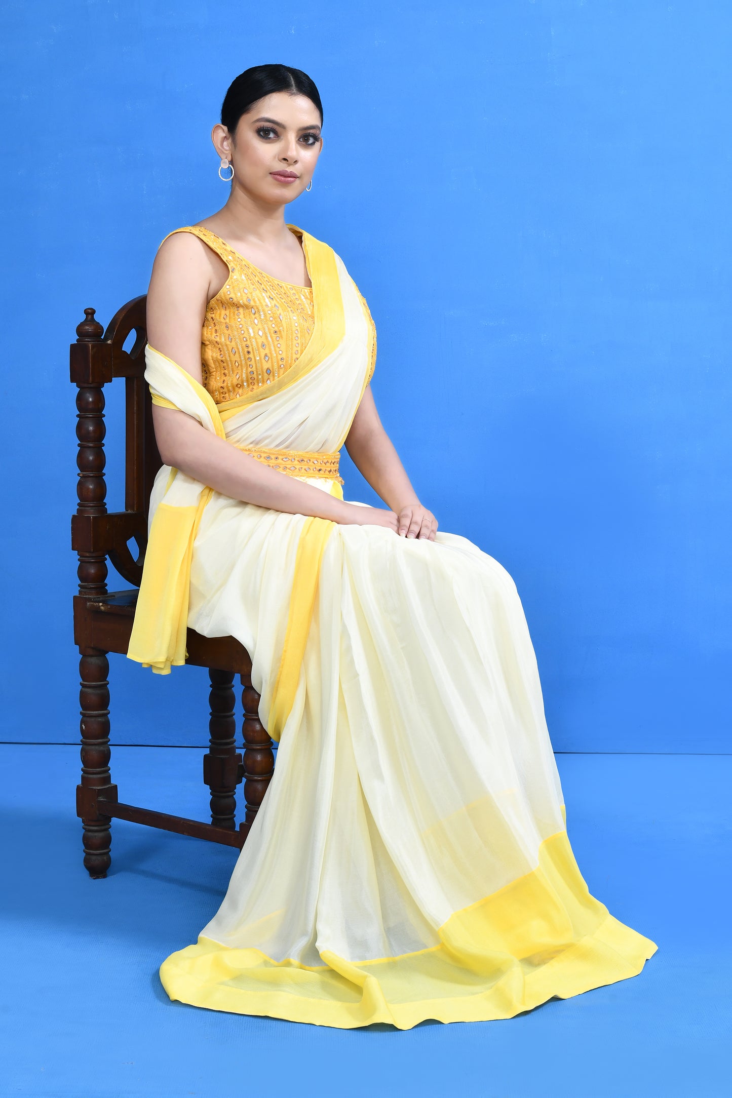 Designer Wear White & Yellow Chinon Chiffon Drape Saree
