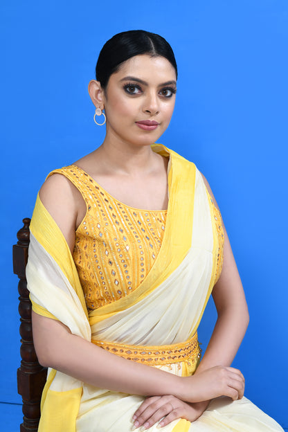 Designer Wear White & Yellow Chinon Chiffon Drape Saree