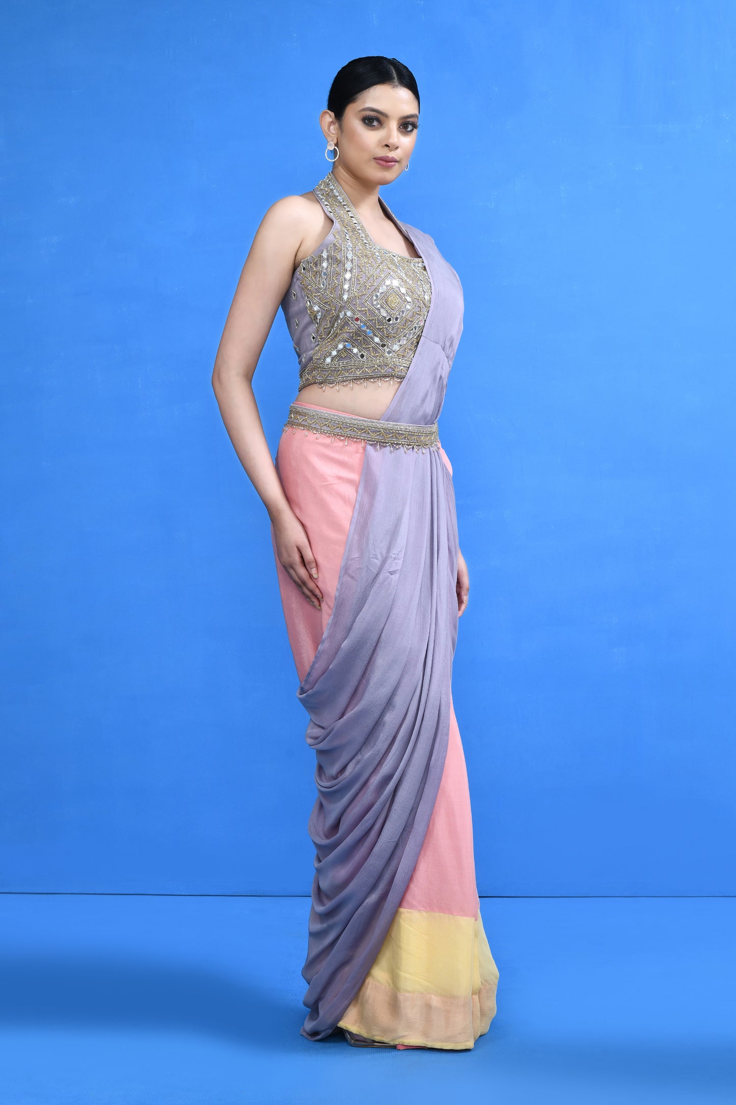 Designer Wear Multicolour Chinon Chiffon Drape Saree