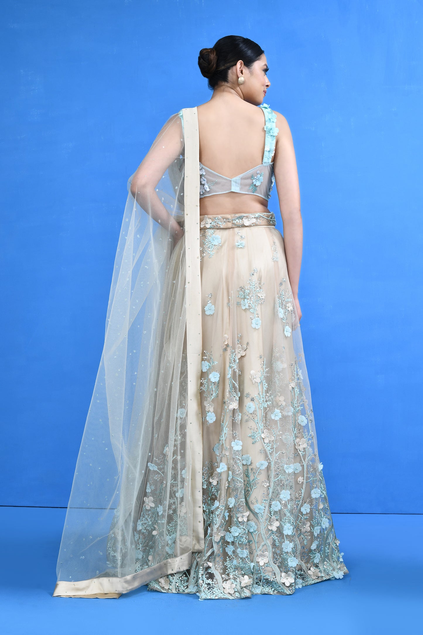 Designer Wear Beige Net Lehenga Set