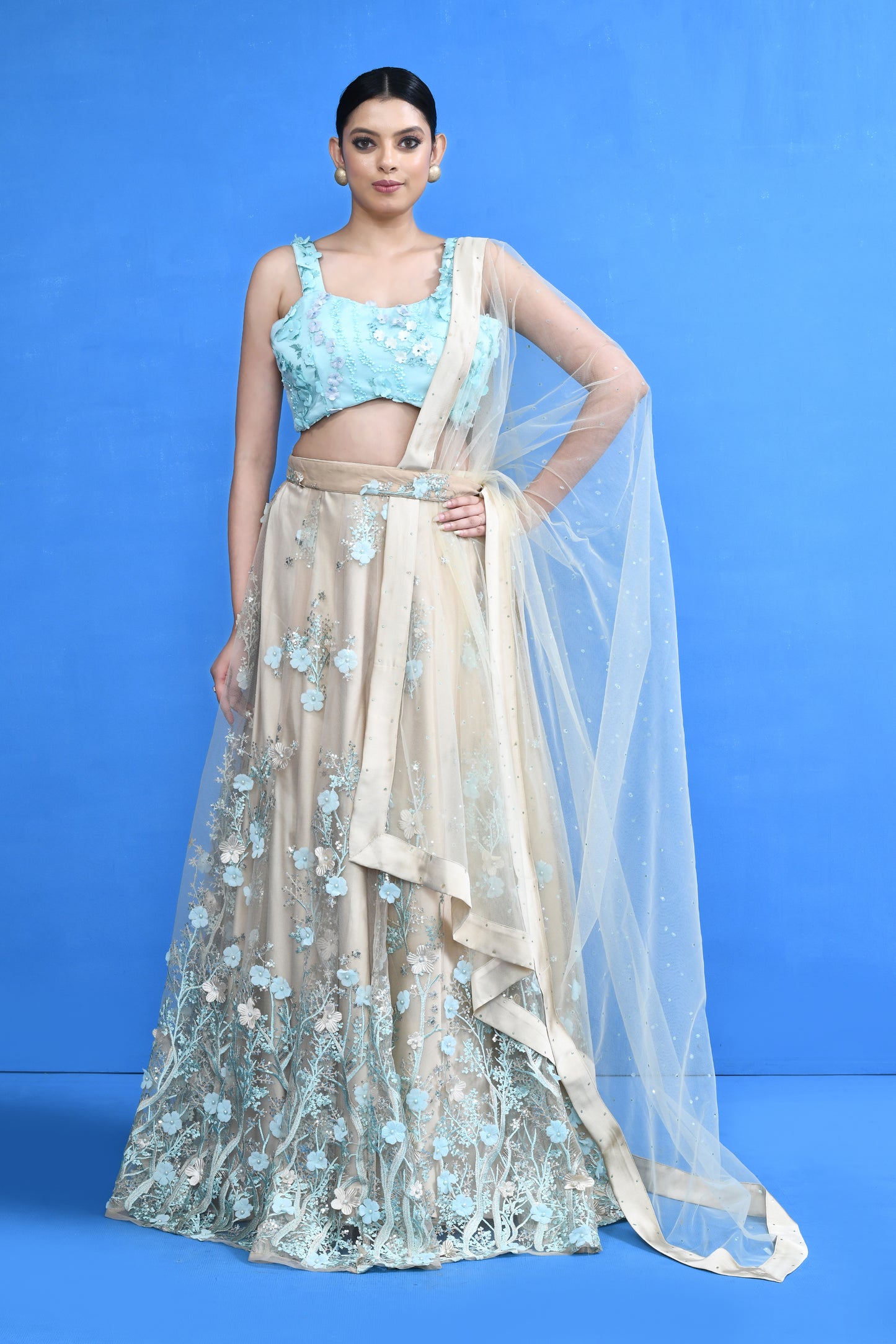 Designer Wear Beige Net Lehenga Set