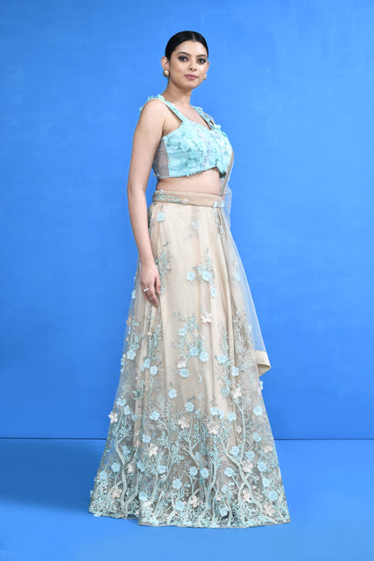 Designer Wear Beige Net Lehenga Set
