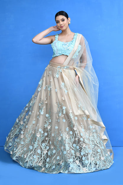 Designer Wear Beige Net Lehenga Set