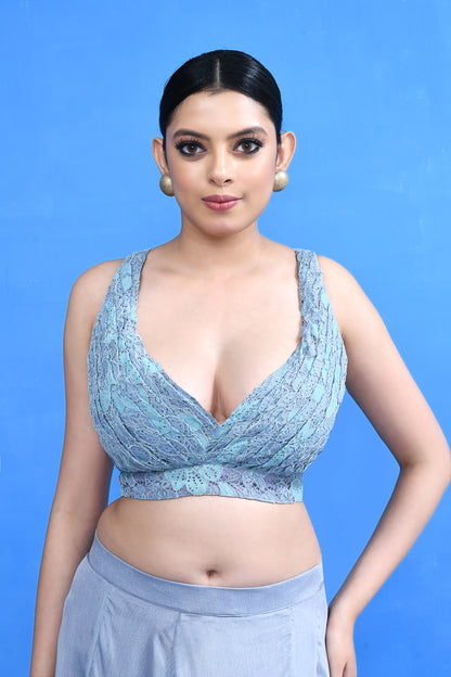 Designer Wear Blue Chinon Chiffon Lehenga Set