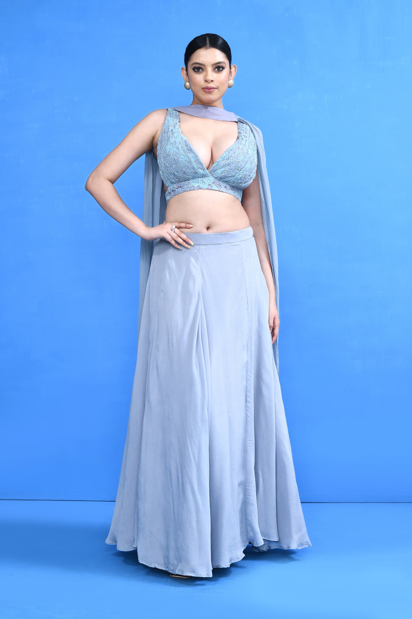 Designer Wear Blue Chinon Chiffon Lehenga Set