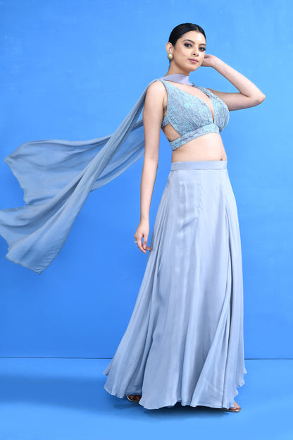 Designer Wear Blue Chinon Chiffon Lehenga Set