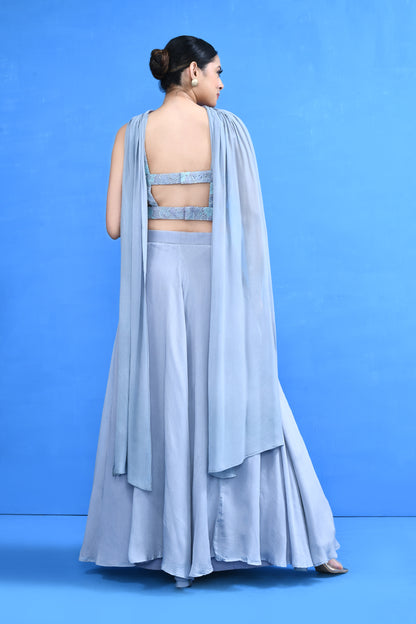 Designer Wear Blue Chinon Chiffon Lehenga Set