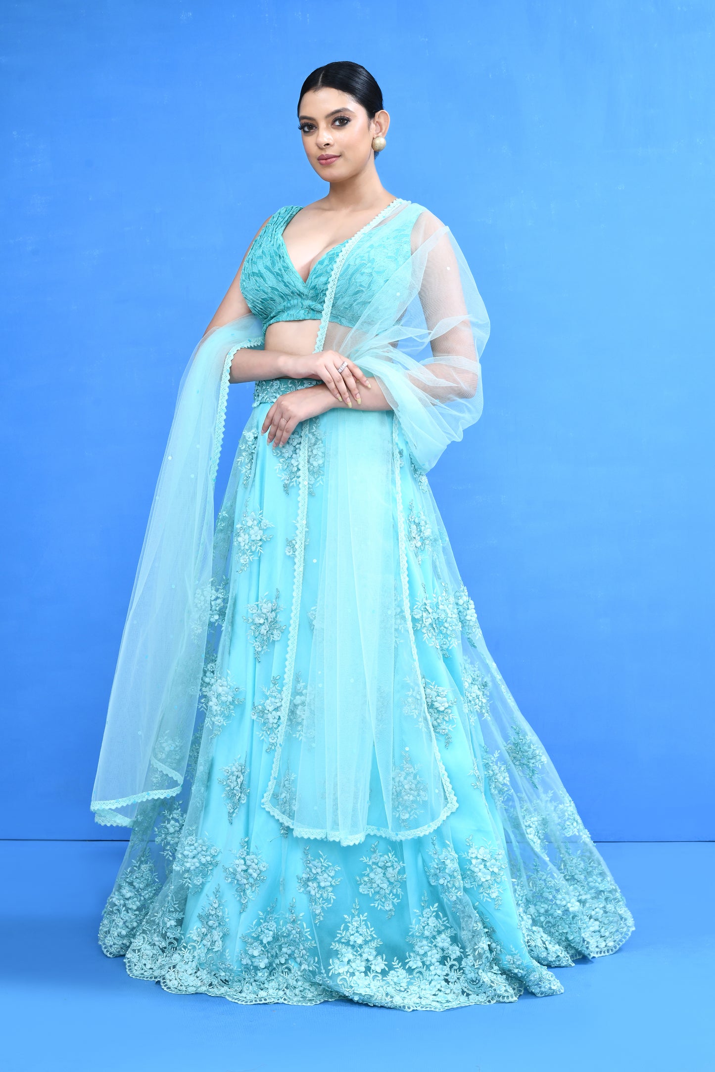 Designer Wear Blue Net Lehenga Set