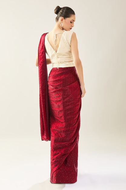 Designer Wear Maroon Pre-draped Saree Set