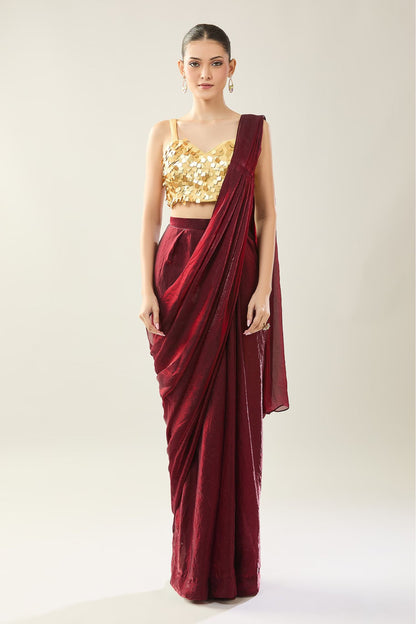 Designer Wear Maroon Pre-Draped Saree Set