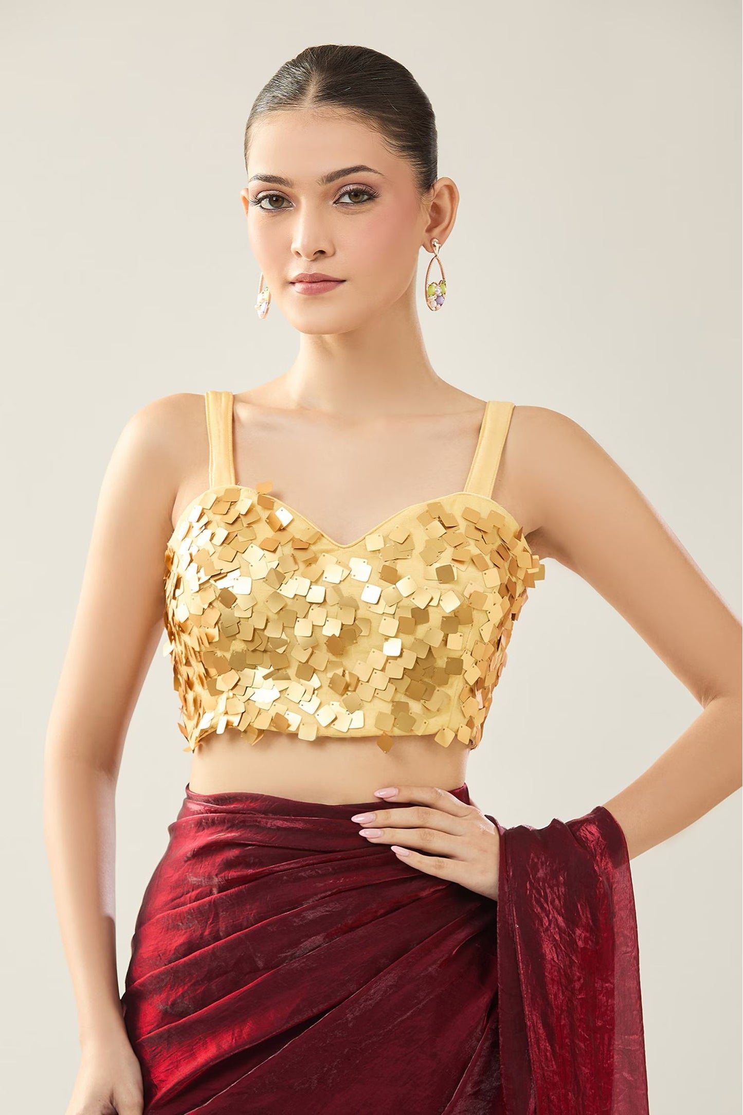 Designer Wear Maroon Pre-Draped Saree Set