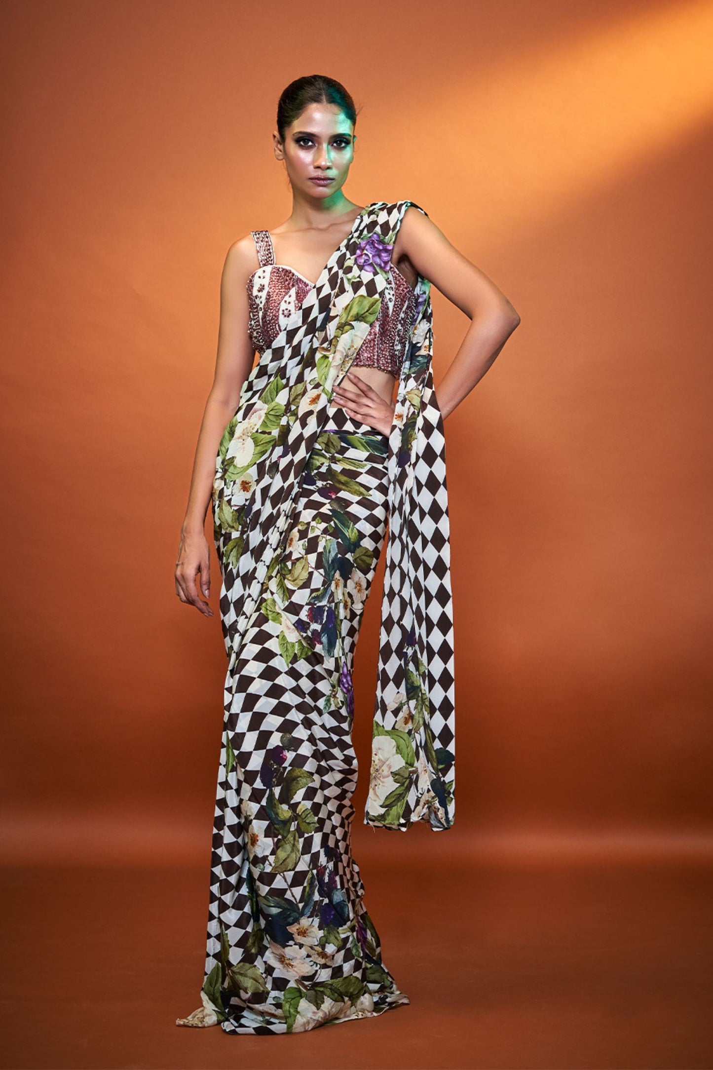 Designer Wear Bold Print Multicolor Crepe  Drape Saree