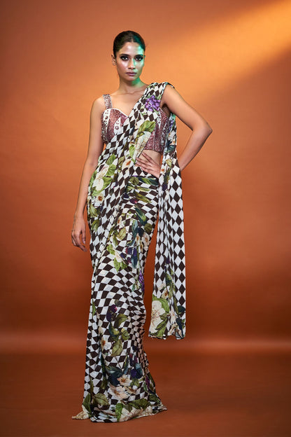Designer Wear Bold Print Multicolor Crepe  Drape Saree