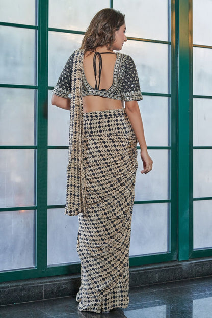 Cream & Black Crepe Drape Saree with Zardosi Blouse - Simaaya