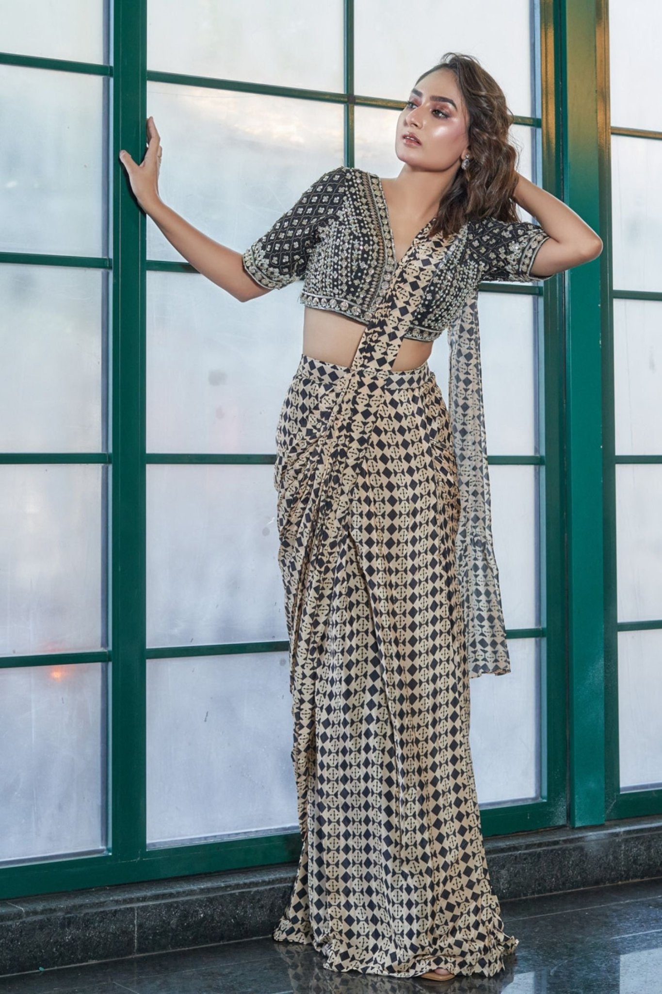 Cream & Black Crepe Drape Saree with Zardosi Blouse - Simaaya