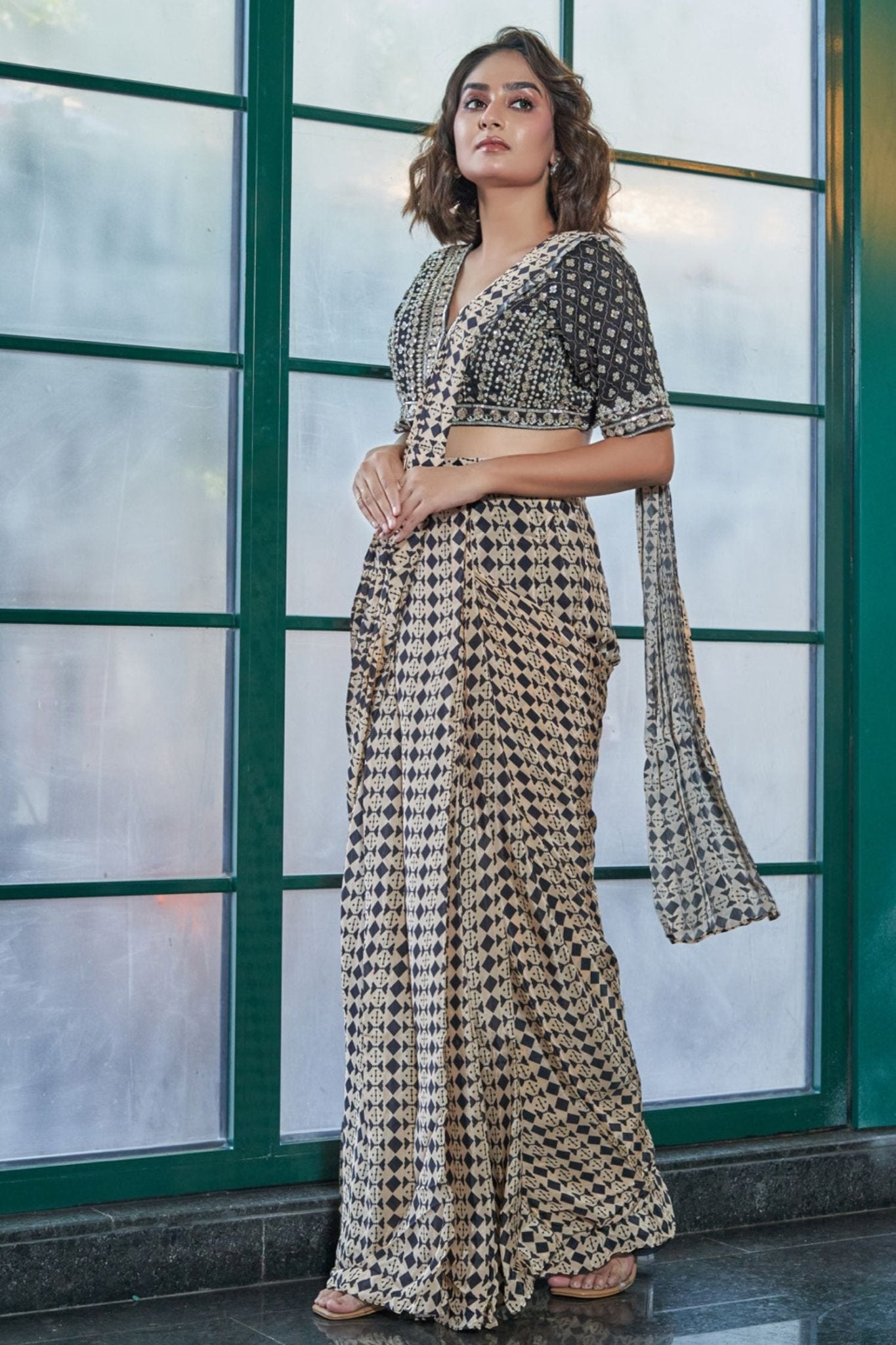 Cream & Black Crepe Drape Saree with Zardosi Blouse - Simaaya