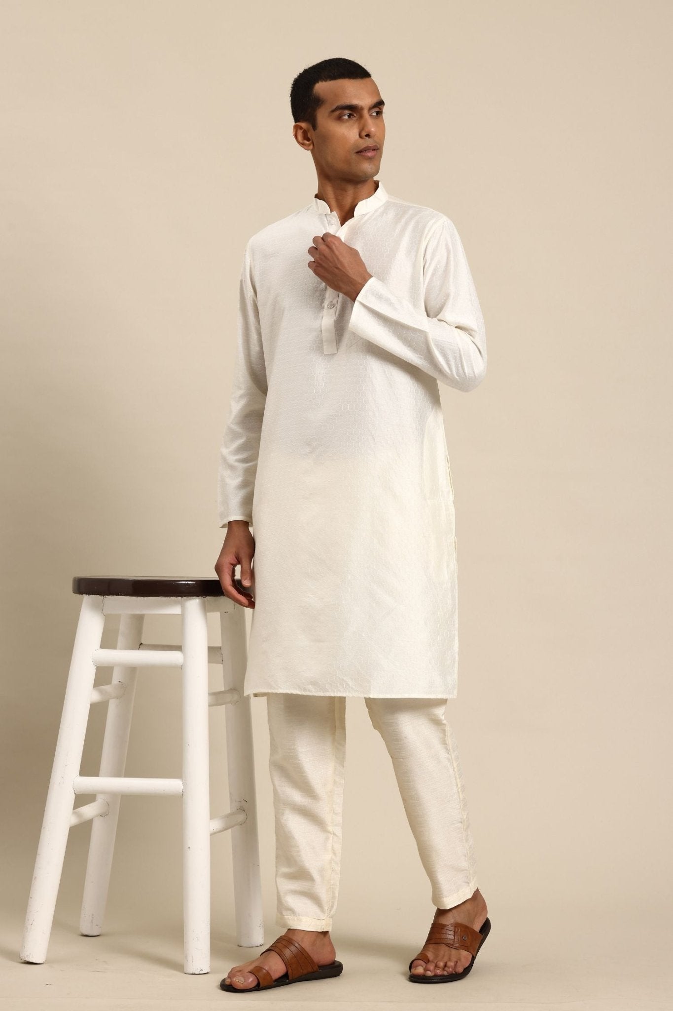 Designer Long Kurta In Cream - Simaaya
