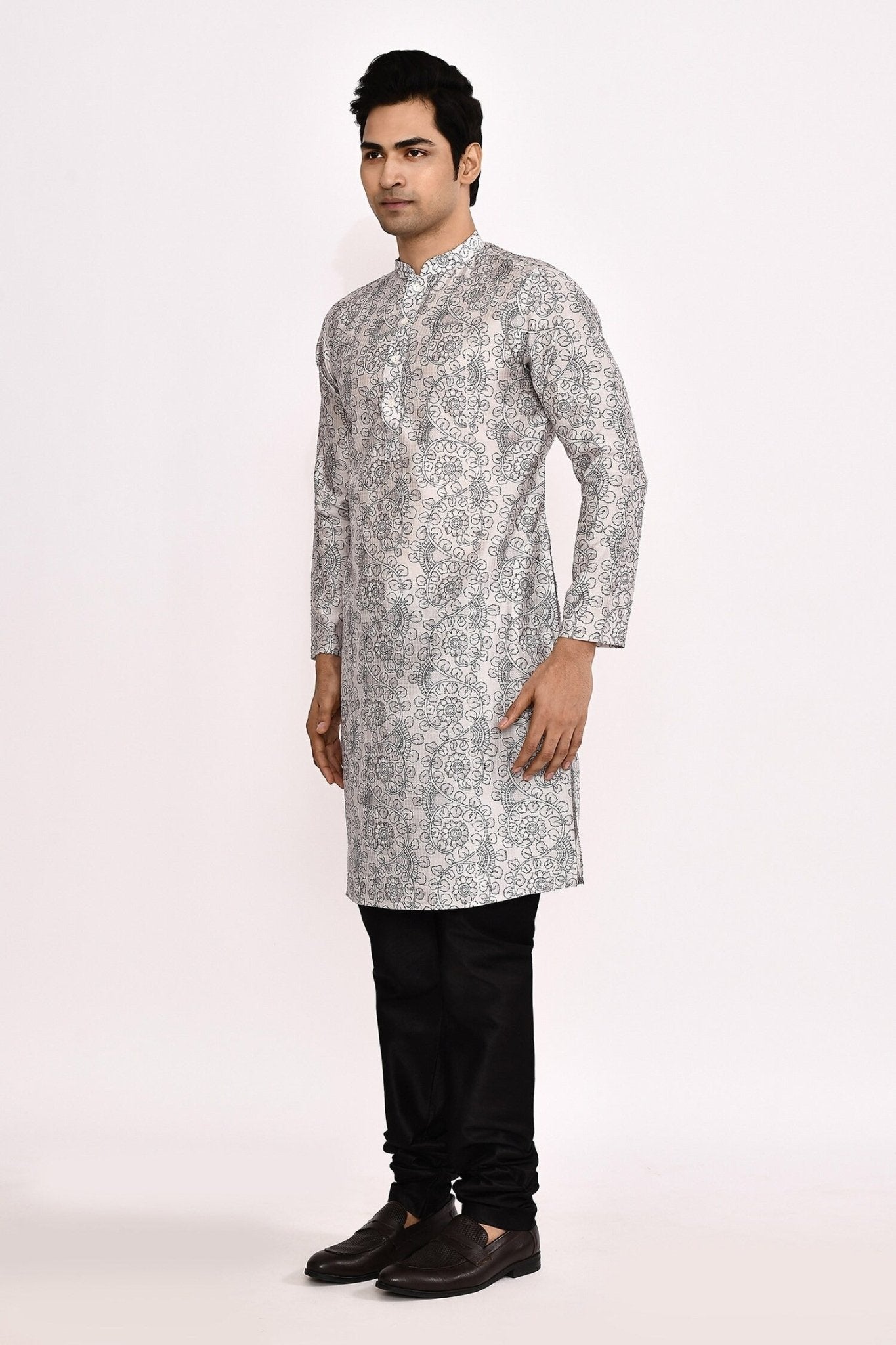 Designer Long Kurta set in Grey and Black - Simaaya