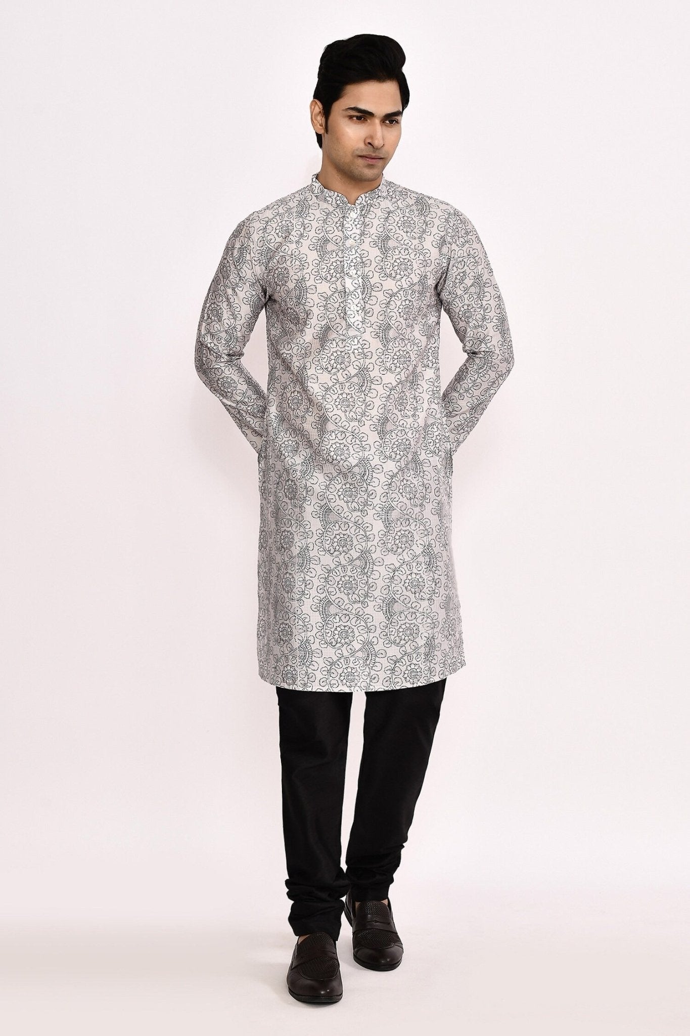 Designer Long Kurta set in Grey and Black - Simaaya