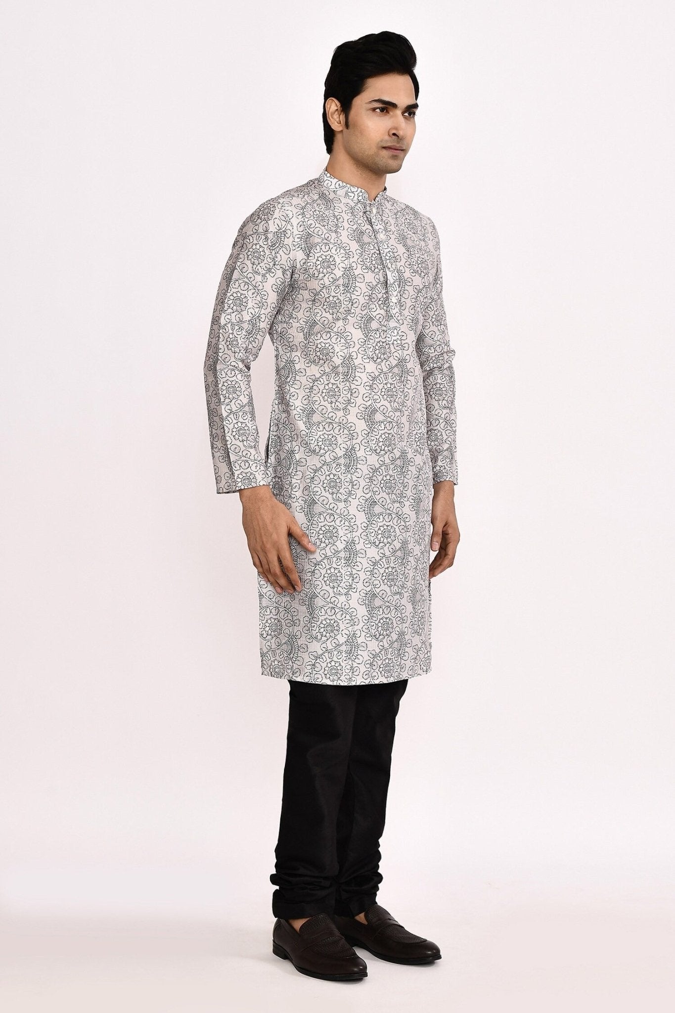 Designer Long Kurta set in Grey and Black - Simaaya