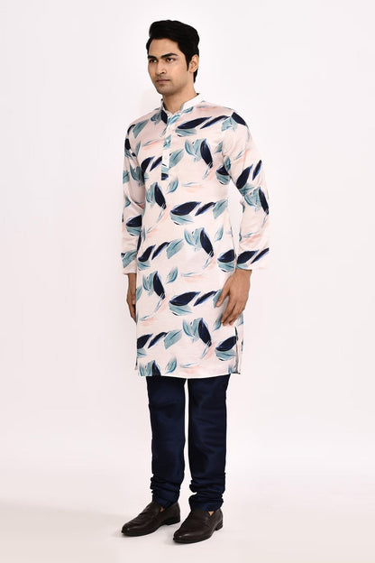 Designer Long Kurta set in White with blue floral print - Simaaya