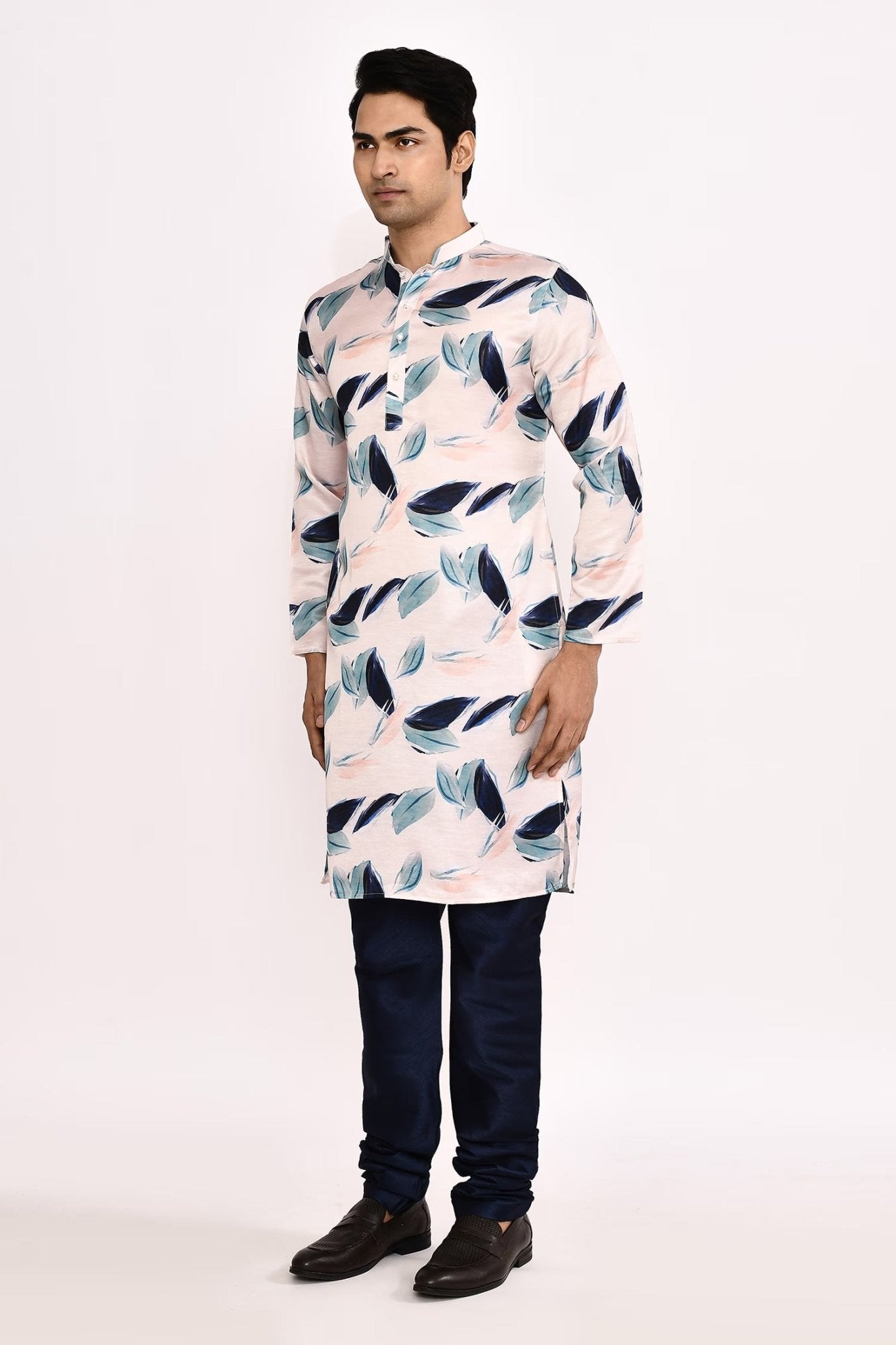 Designer Long Kurta set in White with blue floral print - Simaaya