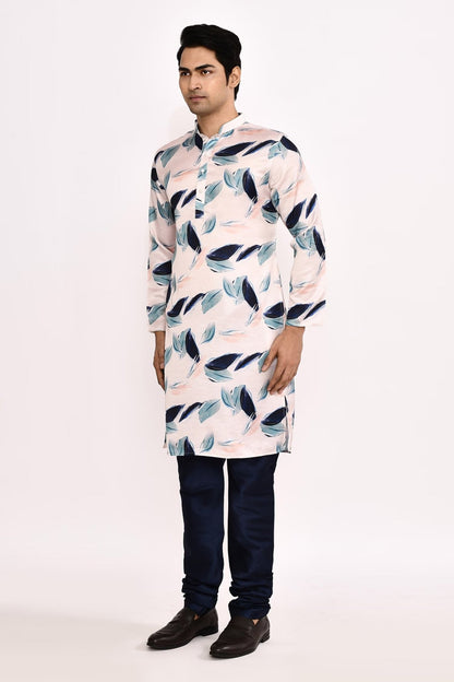 Designer Long Kurta set in White with blue floral print - Simaaya