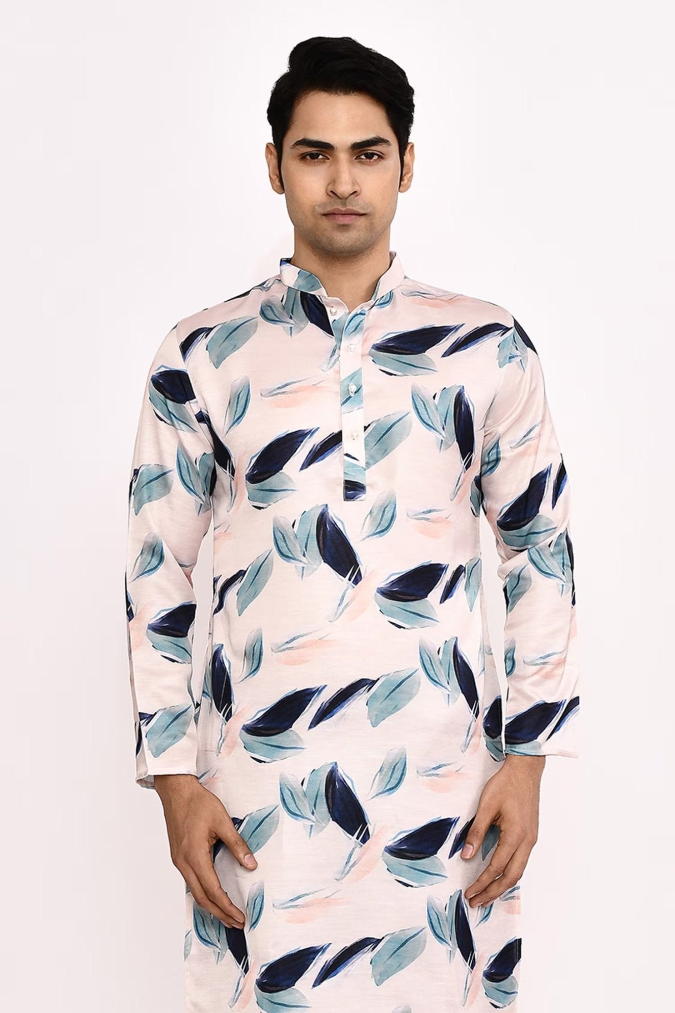 Designer Long Kurta set in White with blue floral print - Simaaya