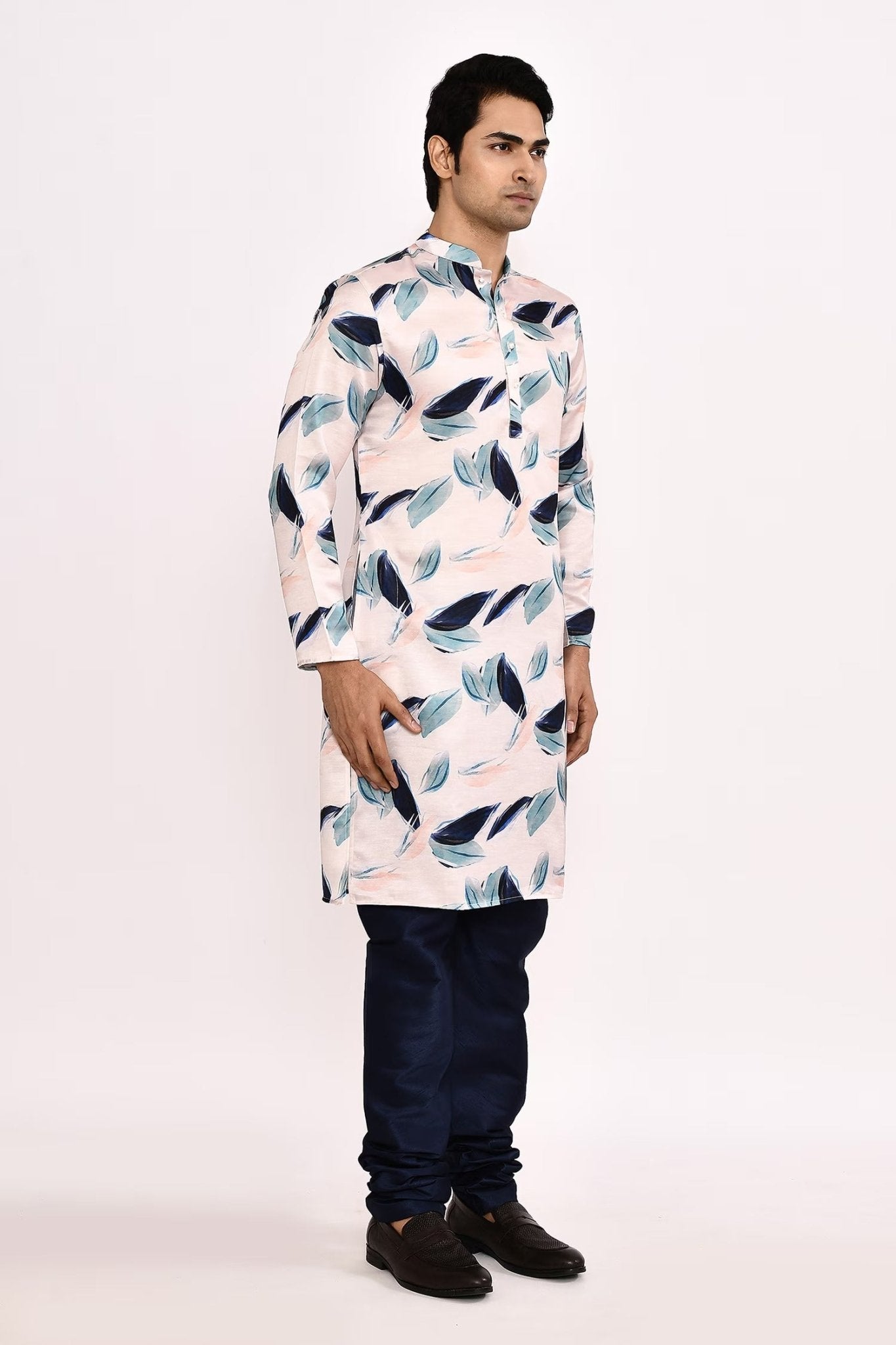 Designer Long Kurta set in White with blue floral print - Simaaya