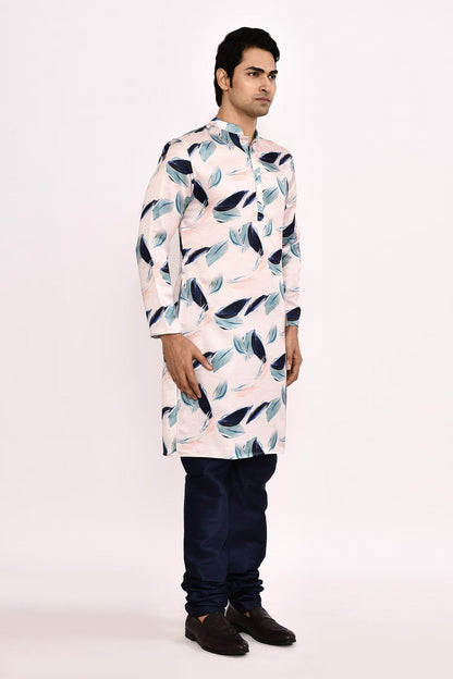Designer Long Kurta set in White with blue floral print - Simaaya