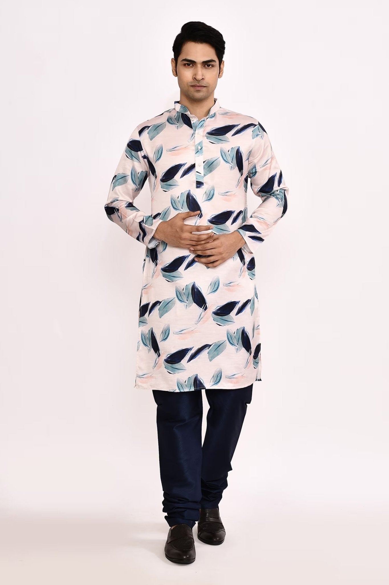 Designer Long Kurta set in White with blue floral print - Simaaya