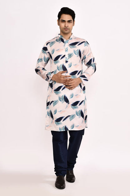 Designer Long Kurta set in White with blue floral print - Simaaya