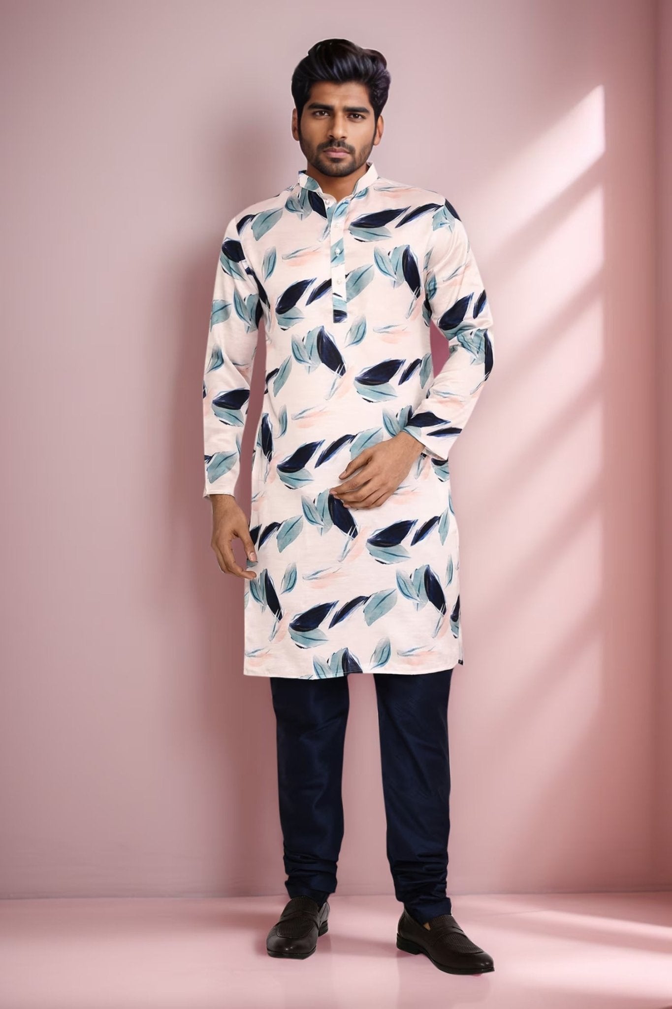 Designer Long Kurta set in White with blue floral print - Simaaya