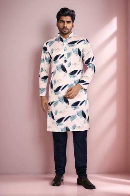 Designer Long Kurta set in White with blue floral print - Simaaya