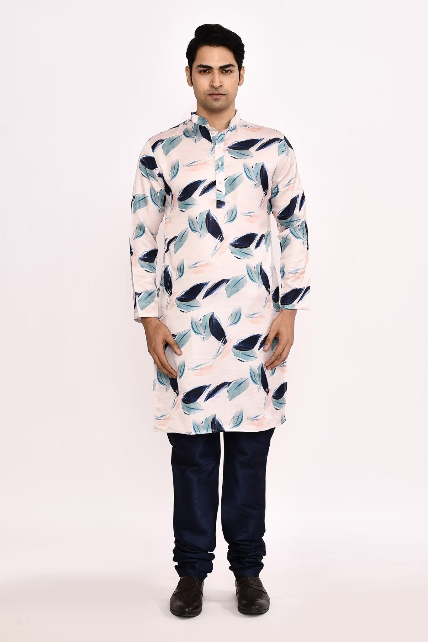 Designer Long Kurta set in White with blue floral print - Simaaya