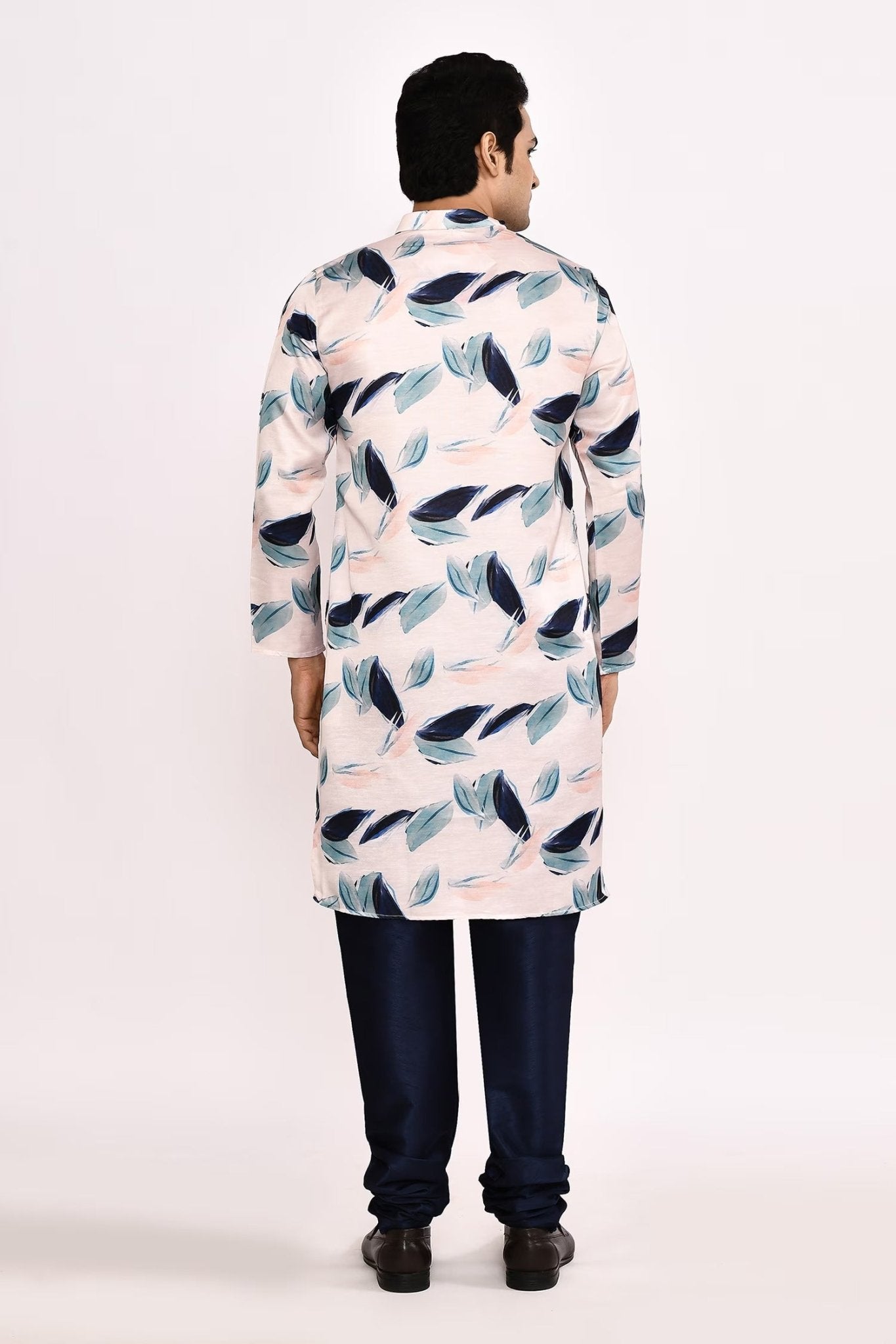 Designer Long Kurta set in White with blue floral print - Simaaya