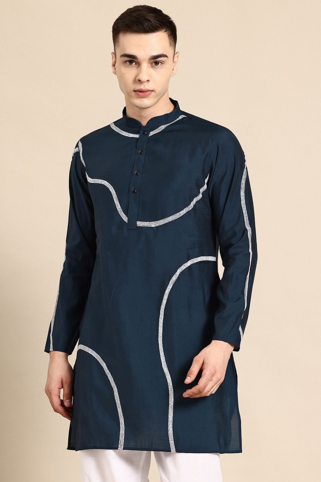 Designer Short Kurta In Navy Blue - Simaaya