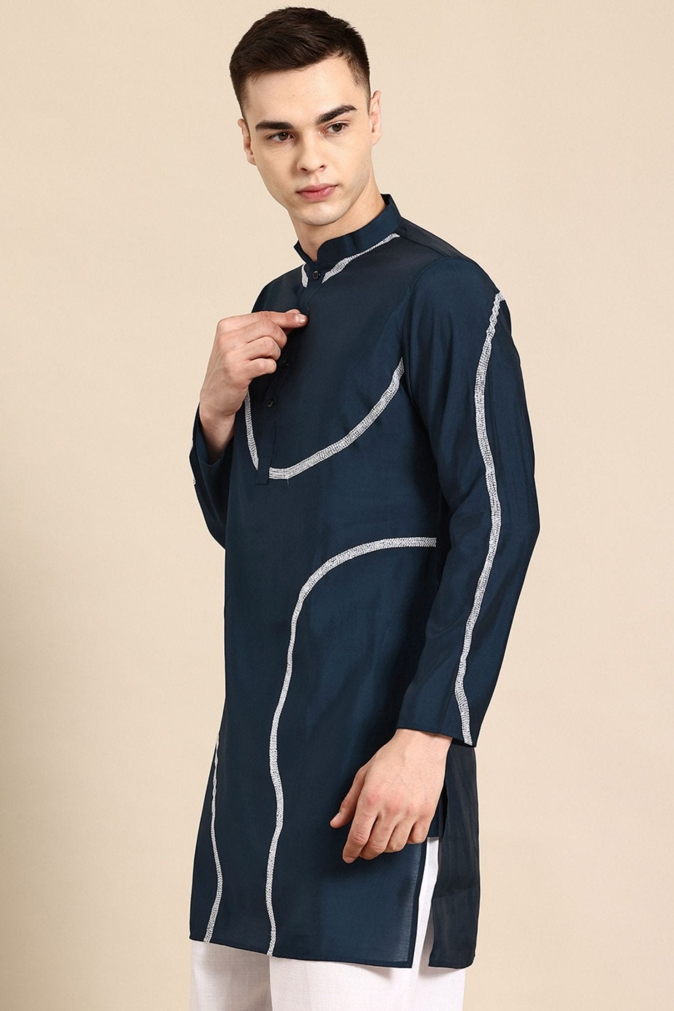 Designer Short Kurta In Navy Blue - Simaaya