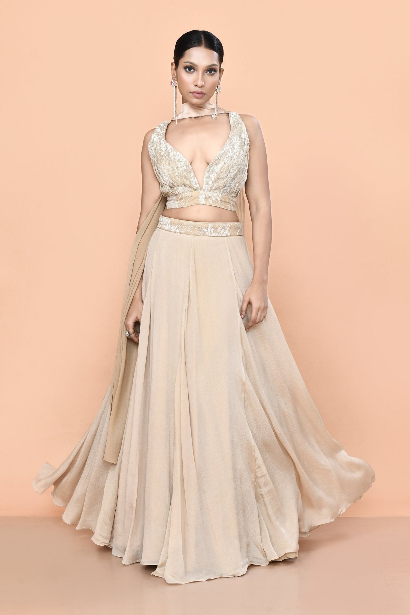 Designer Wear Beige Chinon Chiffon Lehenga Set - Simaaya