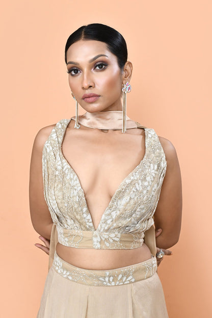 Designer Wear Beige Chinon Chiffon Lehenga Set - Simaaya