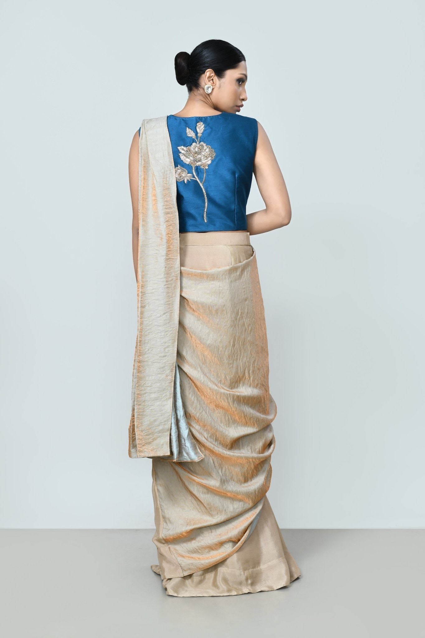 Designer Wear Beige Drape Saree Set - Simaaya