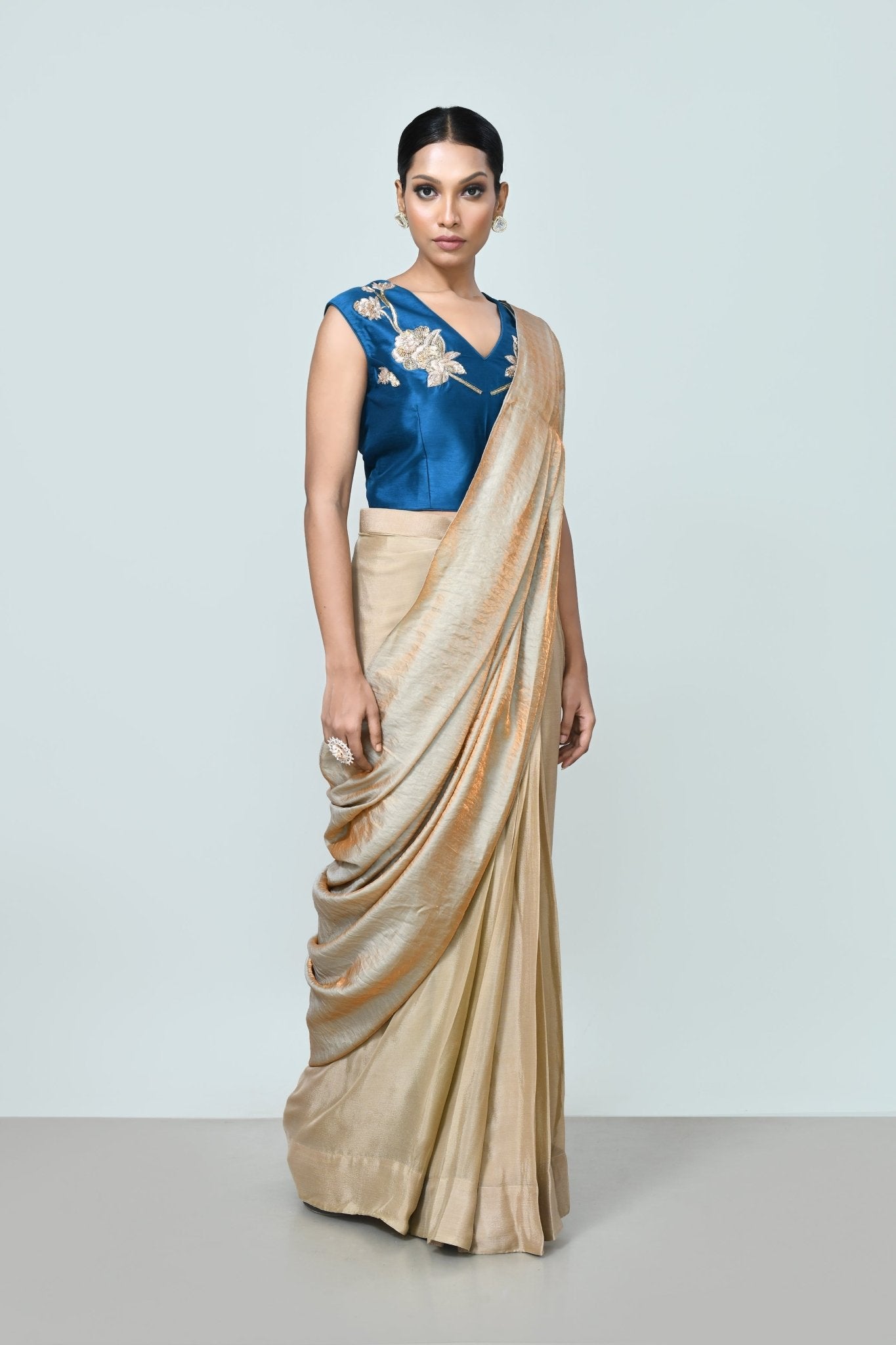 Designer Wear Beige Drape Saree Set - Simaaya