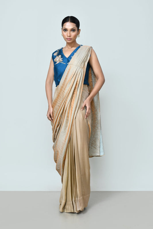 Designer Wear Beige Drape Saree Set - Simaaya