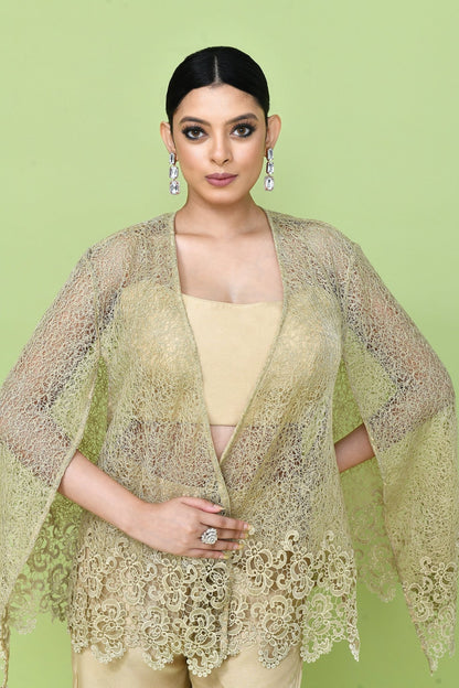 Designer Wear Beige Palazzo Set with an Embellished Jacket - Simaaya